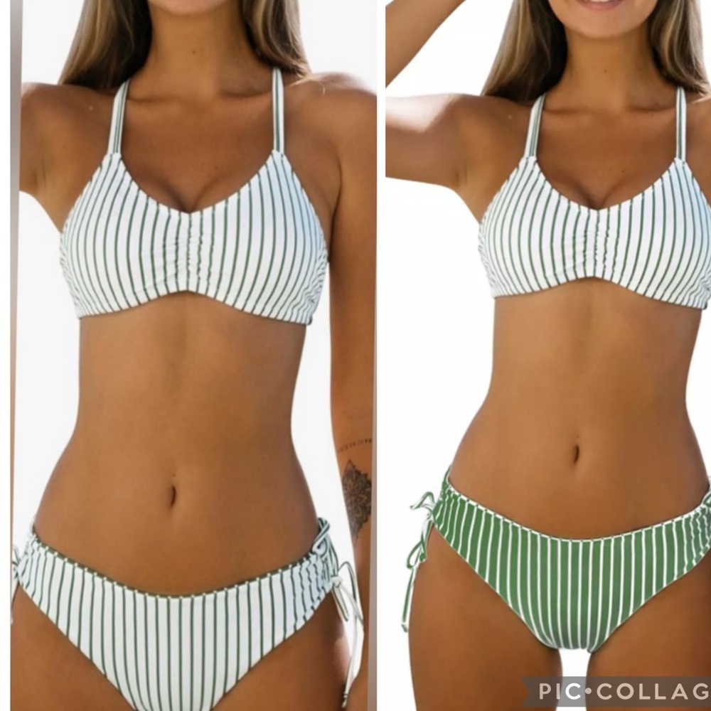 Cupshe Reversible Bikini Set Striped Green and White Size Medium